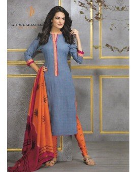 Salwar Suit- Pure Cotton with Self Print - Blue and Orange  (Un Stitched)